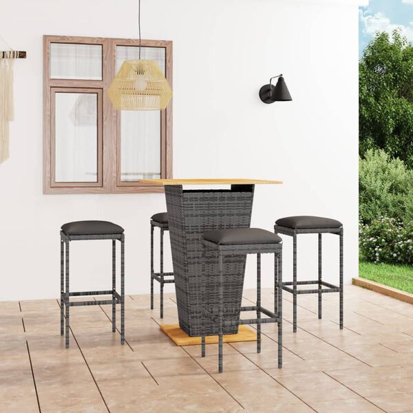 vidaXL Set de muebles de bar de jard&iacute;n 5 pzas y cojines rat&aacute;n PE gris
