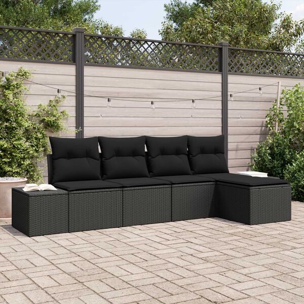 vidaXL Conjunto de sof&aacute; de jard&iacute;n 5 pcs Negro rat&aacute;n sint&eacute;tico