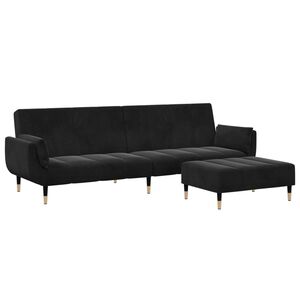 vidaXL Sof&aacute; cama de 2 plazas con taburete terciopelo negro