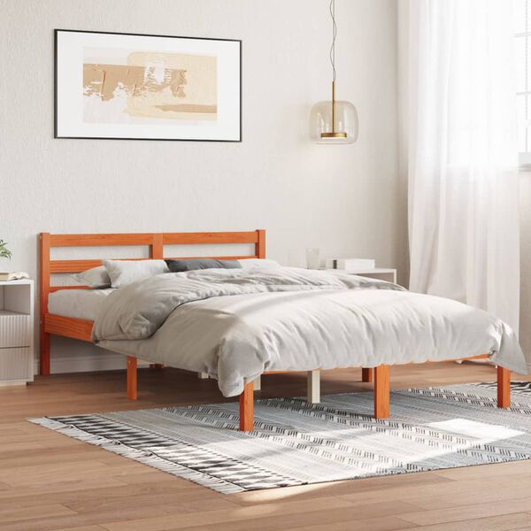 vidaXL Cama sin colch&oacute;n madera maciza de pino marr&oacute;n cera 140x200 cm