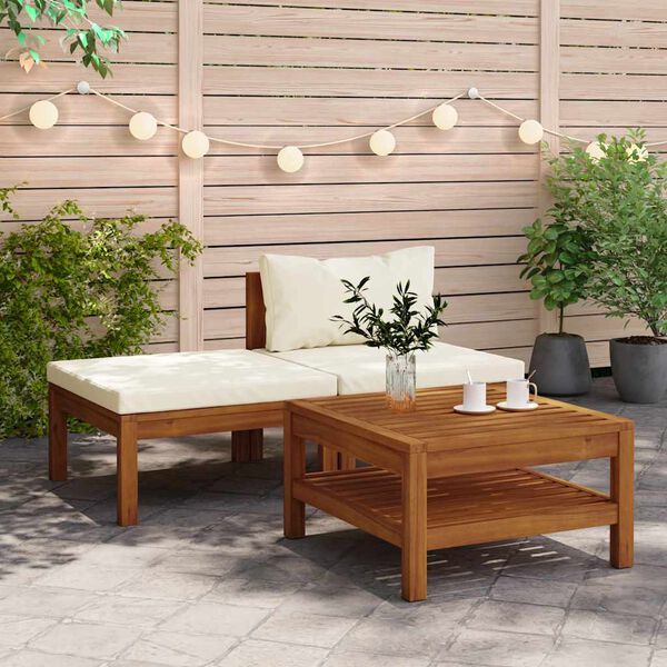 vidaXL Muebles de jardín 3 pzas cojines blanco crema madera de acacia