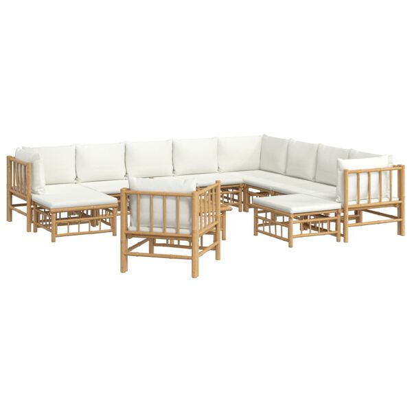 vidaXL Set de muebles de jardín 12 piezas bambú y cojines blanco crema