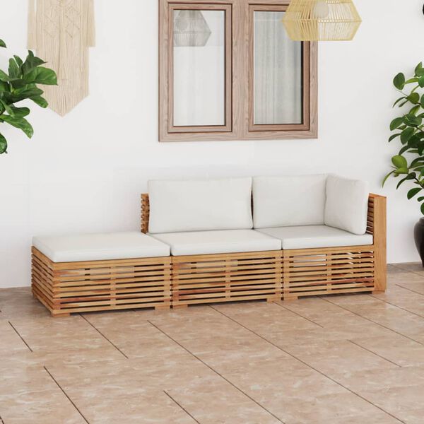 vidaXL Muebles de jard&iacute;n 3 piezas con cojines madera maciza teca crema
