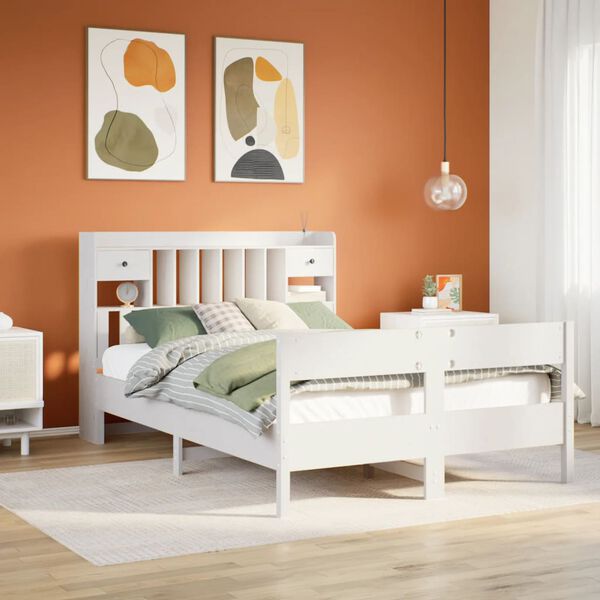 vidaXL Cama con estanter&iacute;a sin colch&oacute;n madera maciza blanca 135x190 cm