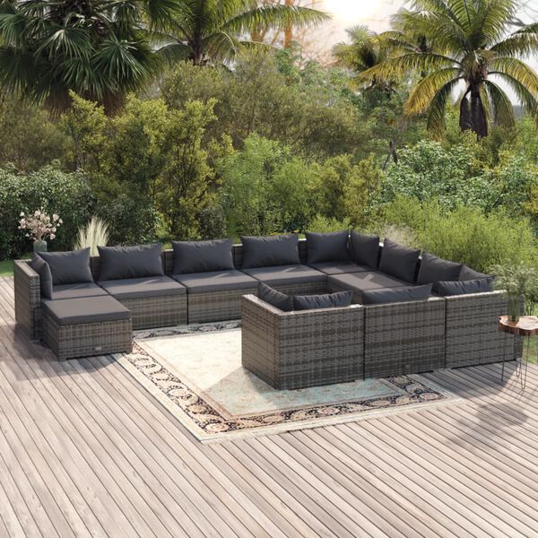vidaXL Set de muebles de jardín 11 pzas y cojines ratán sintético gris