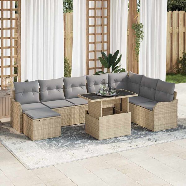 vidaXL Conjunto de sof&aacute; de jard&iacute;n con coj&iacute;n 9 pcs Beige Polirat&aacute;n