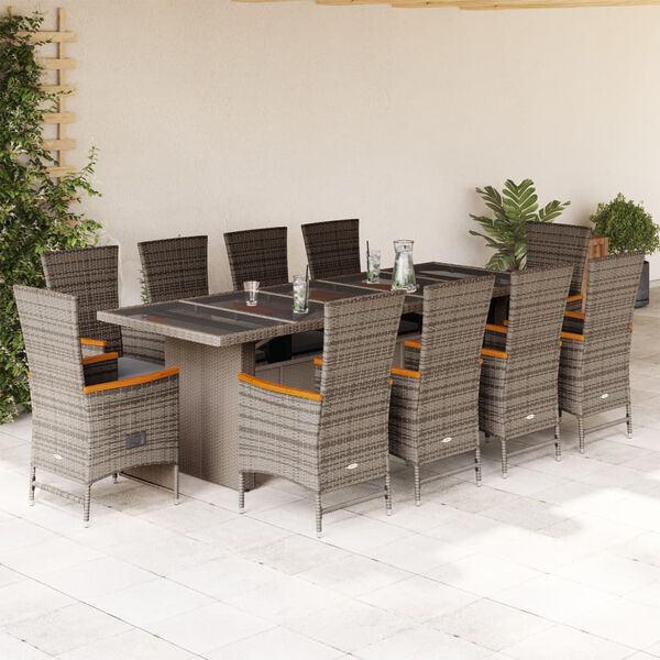 vidaXL Set de comedor de jard&iacute;n 11 pzas y cojines rat&aacute;n sint&eacute;tico gris