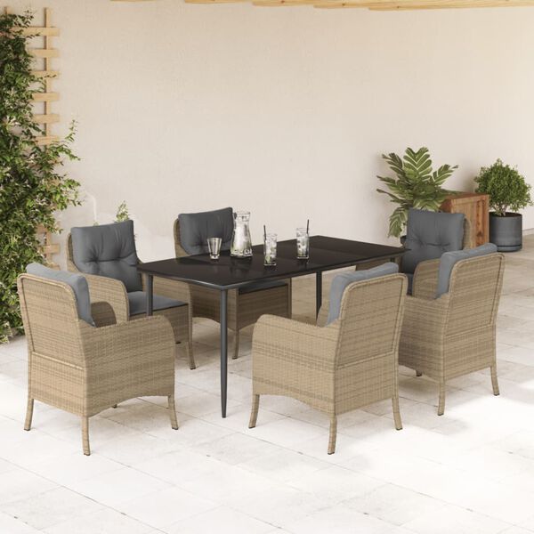 vidaXL Set comedor de jard&iacute;n 7 pzas con cojines rat&aacute;n sint&eacute;tico beige