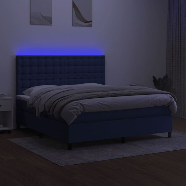 vidaXL Cama box spring colch&oacute;n y luces LED tela azul 160x200 cm