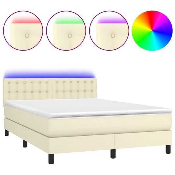 vidaXL Cama box spring colch&oacute;n y LED cuero sint&eacute;tico crema 140x190 cm