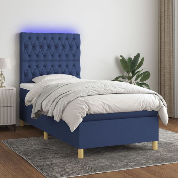 vidaXL Cama box spring colch&oacute;n y luces LED tela azul 90x190 cm