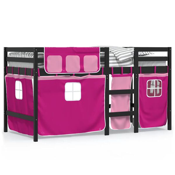 vidaXL Cama alta para ni&ntilde;os con cortinas madera pino rosa 80x200 cm