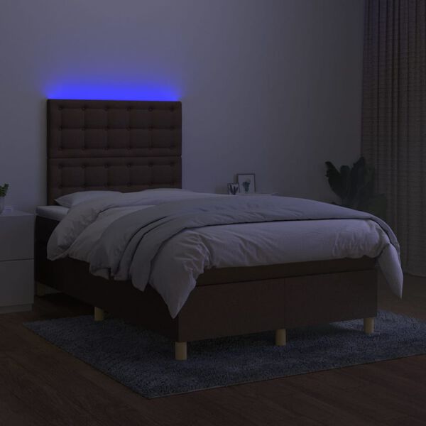 vidaXL Cama box spring con colch&oacute;n y LED tela marr&oacute;n oscuro 120x200 cm