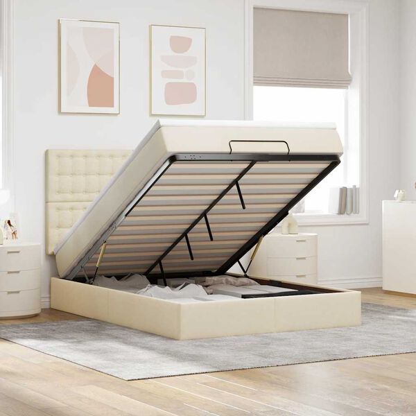 vidaXL Estructura de cama otomana con colch&oacute;n tela crema 140x190cm