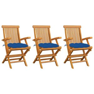 vidaXL Sillas plegables con cojines azules, 3 unidades, madera maciza de teca.