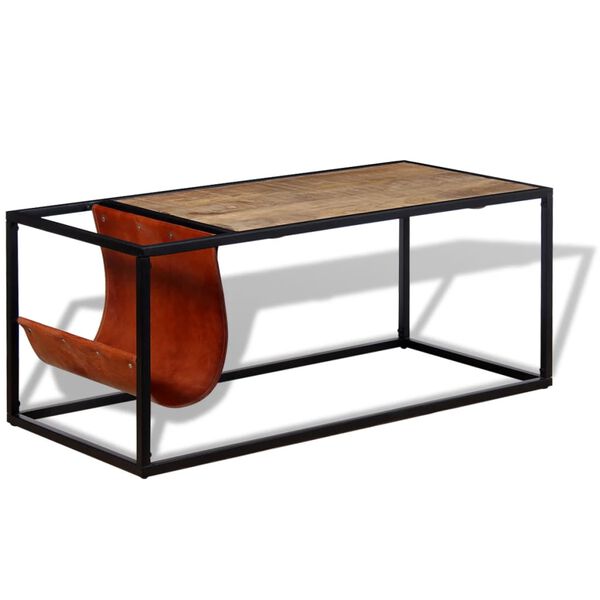 vidaXL Mesa de centro con revistero de cuero auténtico 110x50x45 cm
