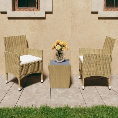 vidaXL Mesa y sillas de jardín 3 pzas ratán PE y vidrio templado beige