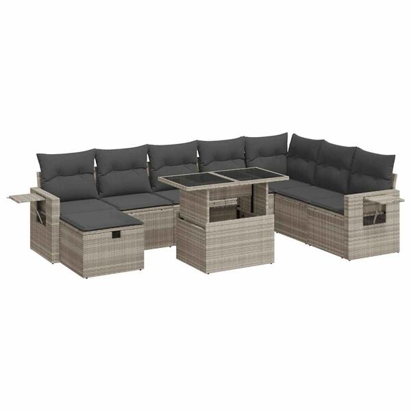 vidaXL Set muebles jard&iacute;n 9 pzas y cojines rat&aacute;n sint&eacute;tico gris claro