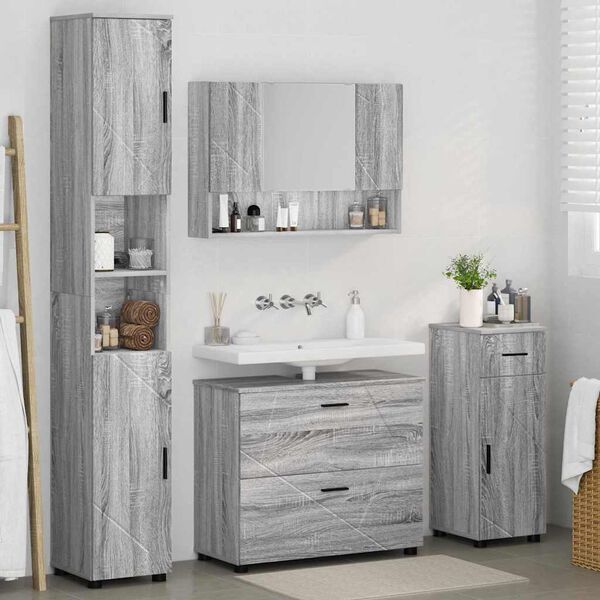 vidaXL Juego de muebles de ba&ntilde;o con caj&oacute;n con puerta 4 pcs Gris Sonoma