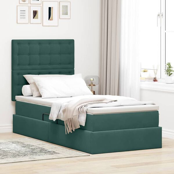 vidaXL Cama con almacenamiento y colch&oacute;n Verde oscuro 90 x 200 cm