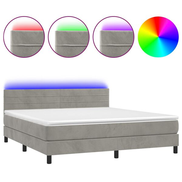 vidaXL Cama box spring colch&oacute;n y LED terciopelo gris claro 180x200 cm
