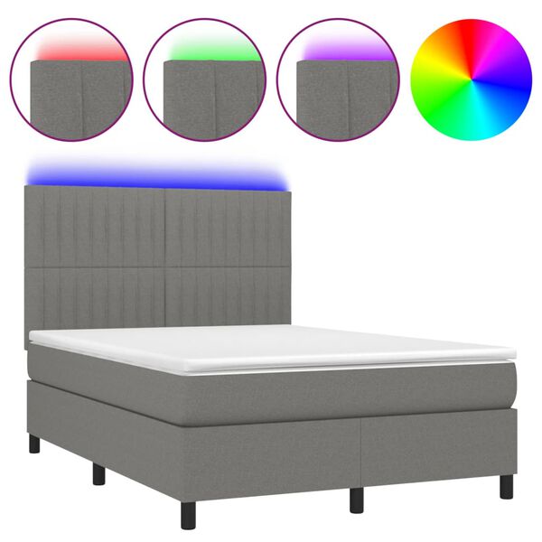 vidaXL Cama box spring colch&oacute;n y luces LED tela gris oscuro 140x190 cm