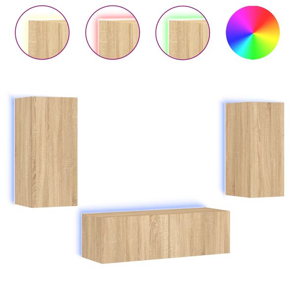 vidaXL Muebles de TV de pared con luces LED 3 piezas roble Sonoma