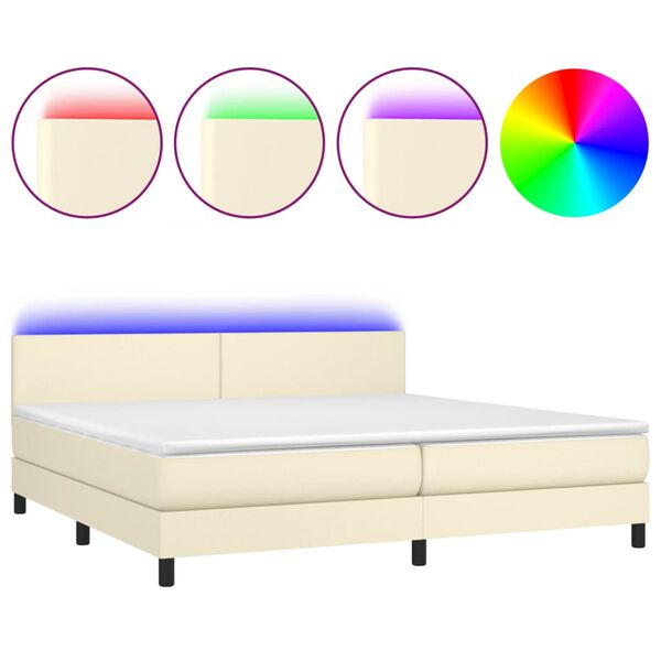 vidaXL Cama box spring colch&oacute;n y LED cuero sint&eacute;tico crema 200x200 cm
