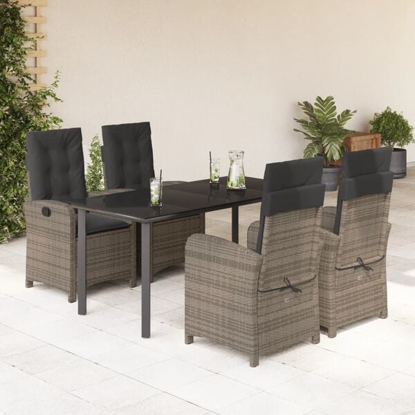 vidaXL Set comedor de jard&iacute;n 5 piezas con cojines rat&aacute;n sint&eacute;tico gris