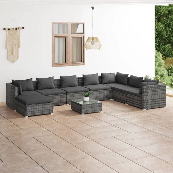 vidaXL Set de muebles de jard&iacute;n 9 pzas y cojines rat&aacute;n sint&eacute;tico gris