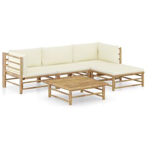 vidaXL Set de muebles de jard&iacute;n 5 piezas bamb&uacute; y cojines blanco crema