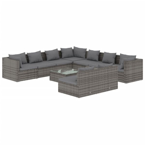 vidaXL Set de muebles de jard&iacute;n 10 pzas y cojines rat&aacute;n sint&eacute;tico gris