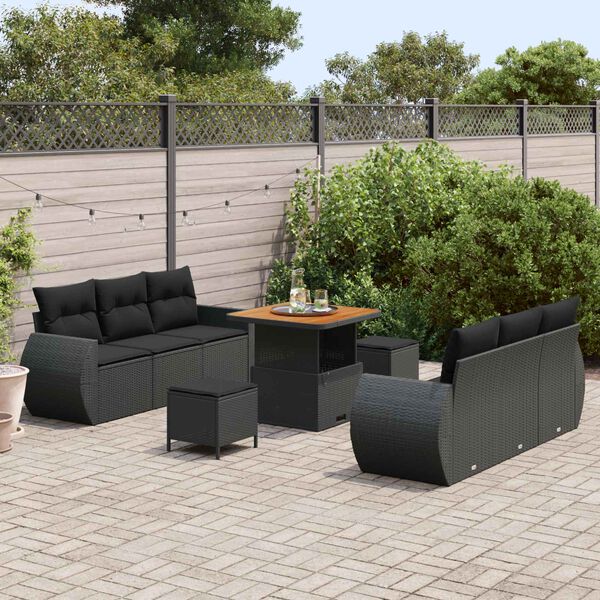 vidaXL Conjunto de sof&aacute; de jard&iacute;n 9 pcs Negro rat&aacute;n sint&eacute;tico