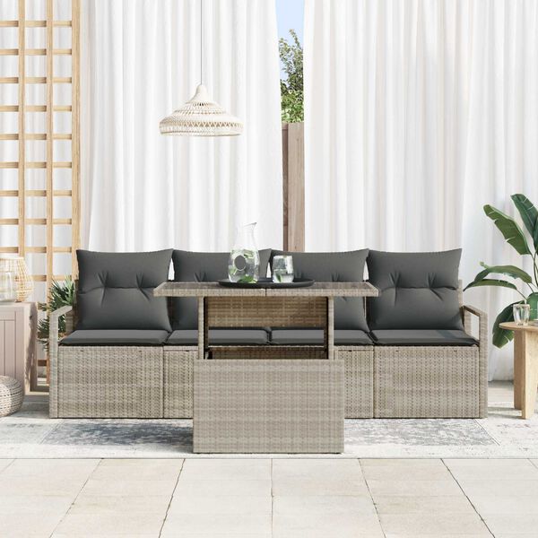 vidaXL Conjunto de sof&aacute; de jard&iacute;n 5 pcs Gris Claro Polirat&aacute;n