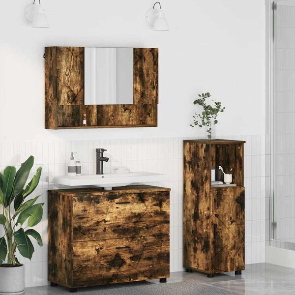 vidaXL Juego de muebles de ba&ntilde;o con caj&oacute;n 3 pcs Roble ahumado