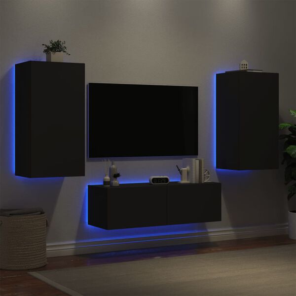 vidaXL Muebles de TV de pared con luces LED 3 piezas negro