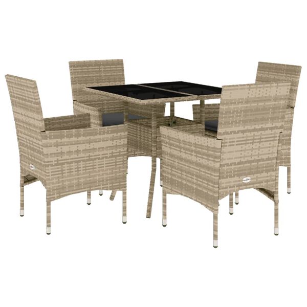 vidaXL Set comedor jard&iacute;n 5 pzas y cojines rat&aacute;n PE vidrio gris claro