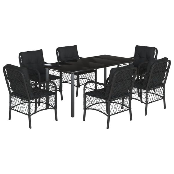 vidaXL Set de comedor de jard&iacute;n 7 pzas y cojines rat&aacute;n sint&eacute;tico negro