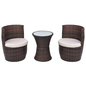vidaXL Set mesa y sillas de jard&iacute;n 3 pzas y cojines poli rat&aacute;n marr&oacute;n