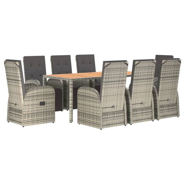 vidaXL Set comedor jard&iacute;n 9 pzas y cojines rat&aacute;n sint&eacute;tico gris