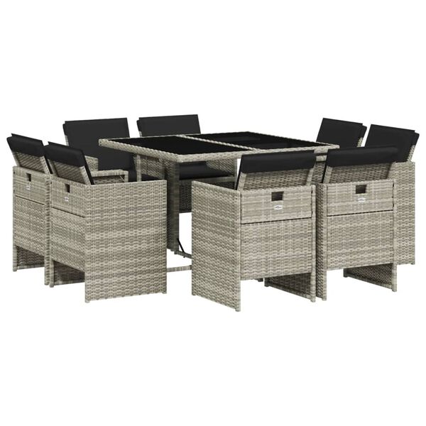 vidaXL Set comedor de jard&iacute;n 9 pzas cojines rat&aacute;n sint&eacute;tico gris claro