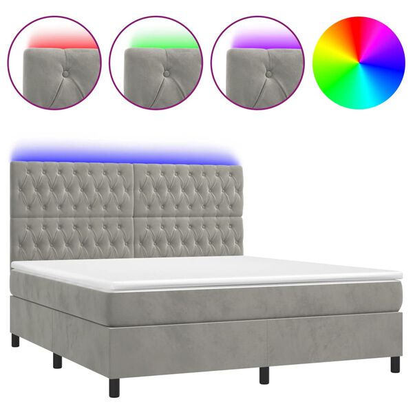 vidaXL Cama box spring colchón y LED terciopelo gris claro 180x200 cm