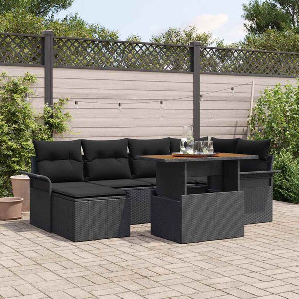 vidaXL Conjunto de sof&aacute; de jard&iacute;n 7 pcs Negro Polirat&aacute;n