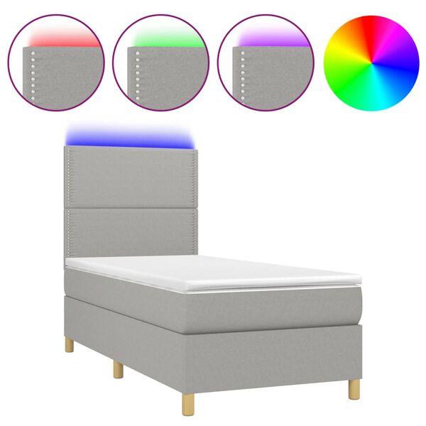 vidaXL Cama box spring colch&oacute;n y luces LED tela gris claro 100x200 cm
