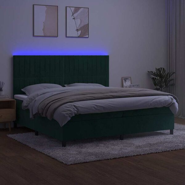 vidaXL Cama box spring colch&oacute;n y LED terciopelo verde oscuro 200x200cm