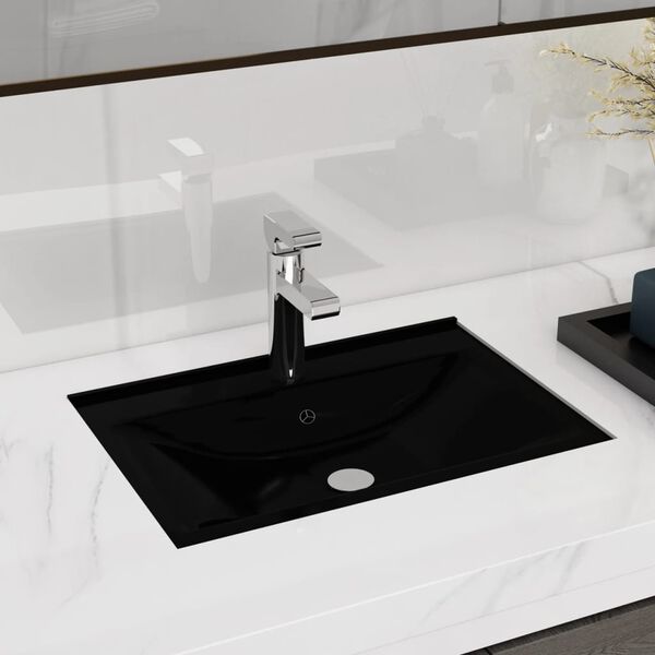 vidaXL Lavabo rectangular de cer&aacute;mica hueco de grifo/desag&uuml;e negro