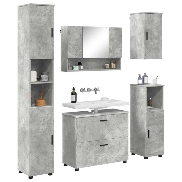 vidaXL Juego de muebles de ba&ntilde;o con caj&oacute;n 5 pcs Gris Concreto