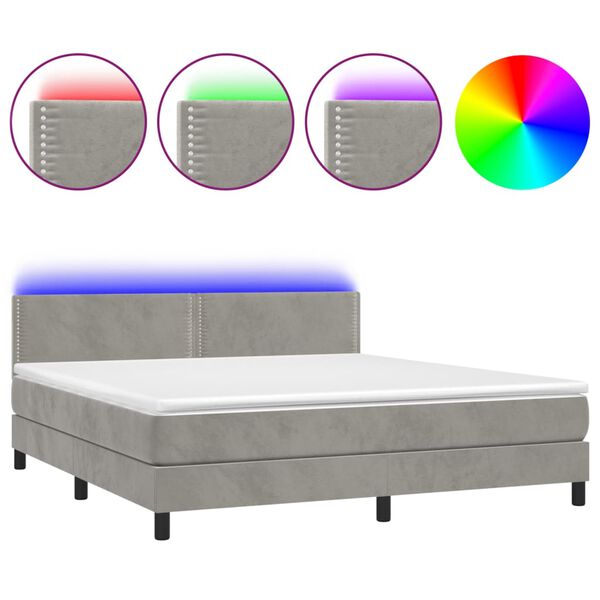 vidaXL Cama box spring colch&oacute;n y LED terciopelo gris claro 160x200 cm