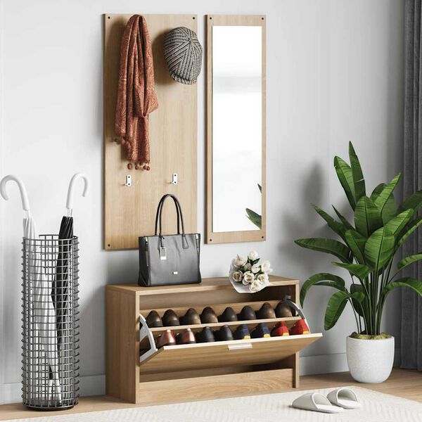 vidaXL Conjunto de zapatero 3 en 1 de madera de ingenier&iacute;a de roble Sonoma