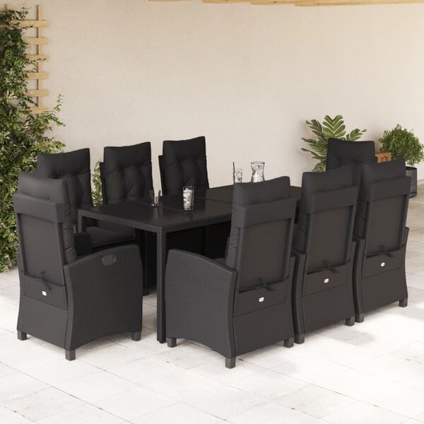 vidaXL Set de comedor de jard&iacute;n 9 pzas y cojines rat&aacute;n sint&eacute;tico negro